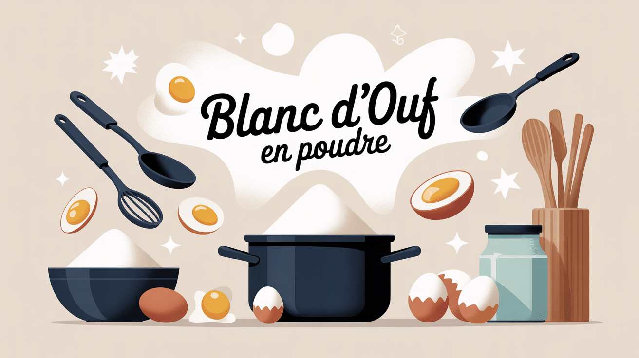 blanc d oeuf en poudre sur table avec ustensiles