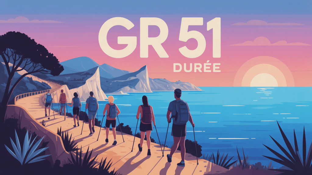 GR 51 durée illustrée, carte méditerranéenne et silhouettes de randonneurs