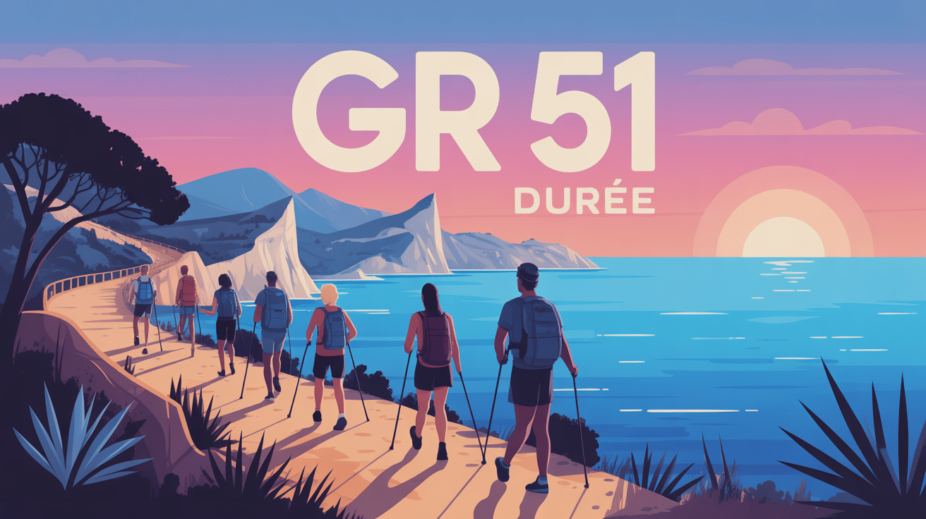 GR 51 durée illustrée, carte méditerranéenne et silhouettes de randonneurs