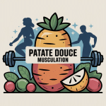 Illustration patate douce muscu stylisée avec haltères et énergie
