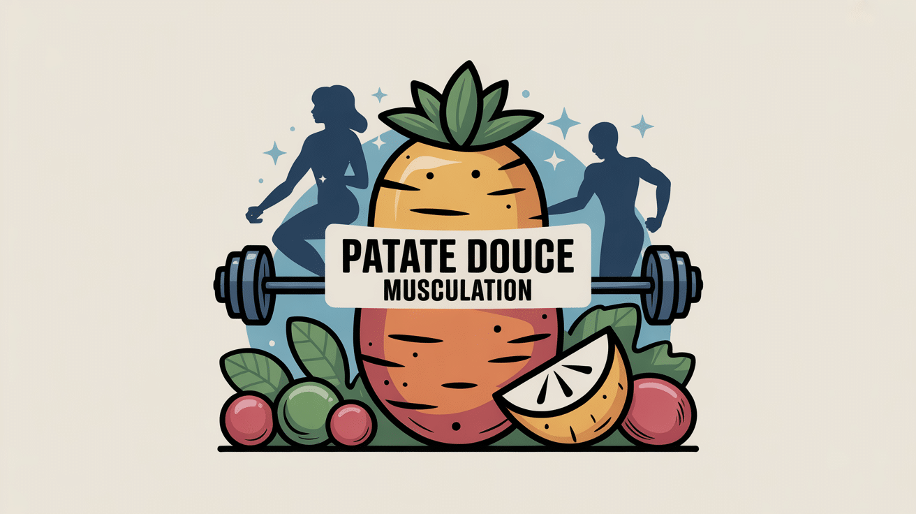Illustration patate douce muscu stylisée avec haltères et énergie