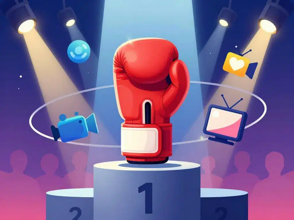 boxeur français connu, gants sur podium, projecteurs, notoriété