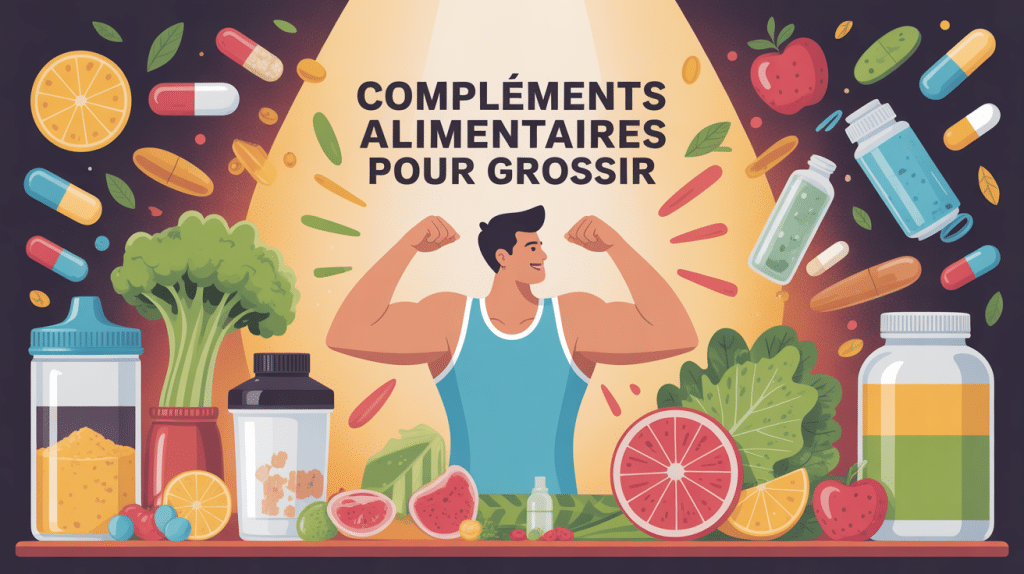 Illustration de complements alimentaires pour grossir avec poudres et gélules