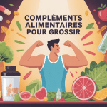 Illustration de complements alimentaires pour grossir avec poudres et gélules