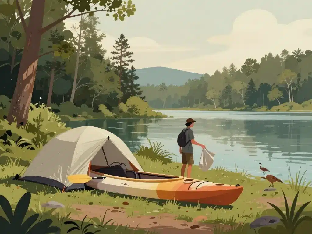 Bivouac responsable en randonnée kayak en autonomie au bord de l'eau