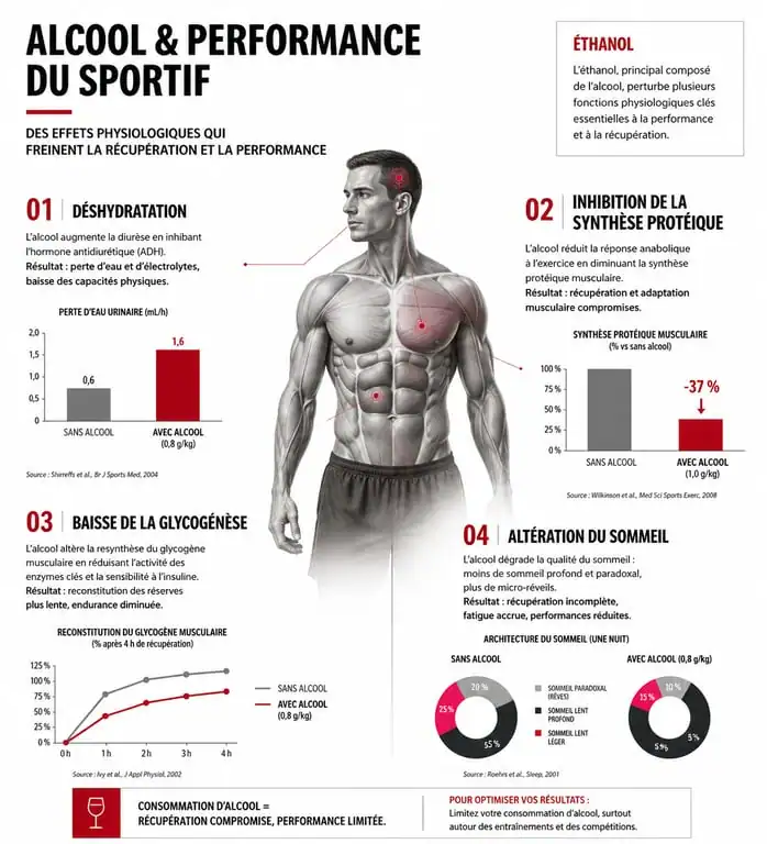 Infographie des effets physiologiques de l'alcool sur la performance sportive et la récupération