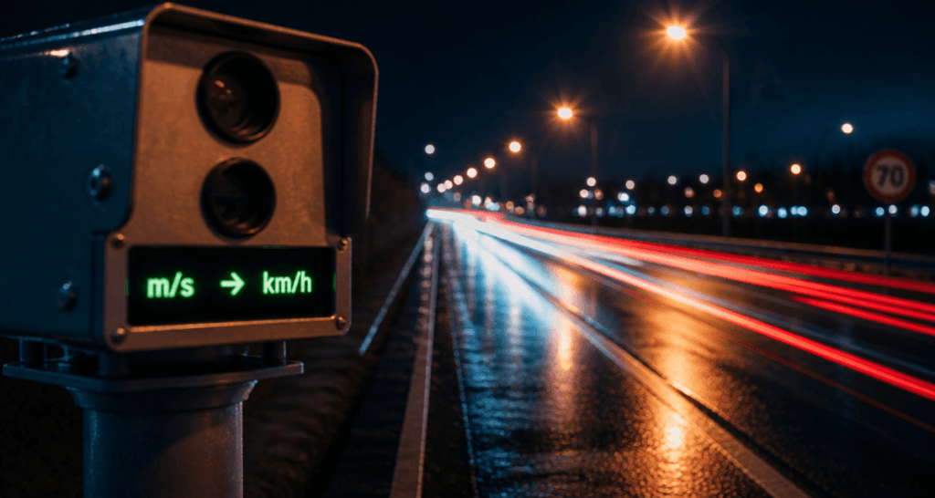 Radar affichant m/s en km/h sur route nocturne