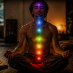 Homme méditant avec couleur des chakras alignées