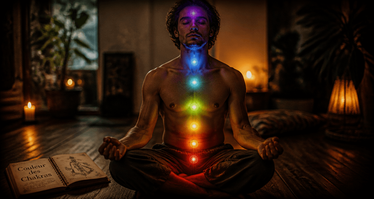 Homme méditant avec couleur des chakras alignées