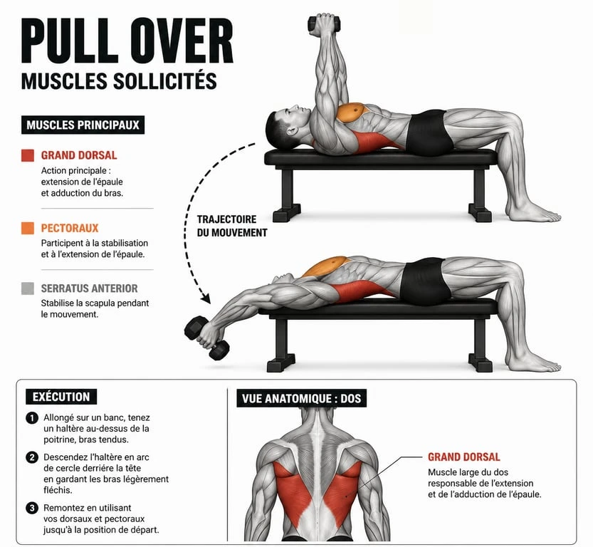 Schéma anatomique des muscles sollicités lors de l'exercice de musculation pull over