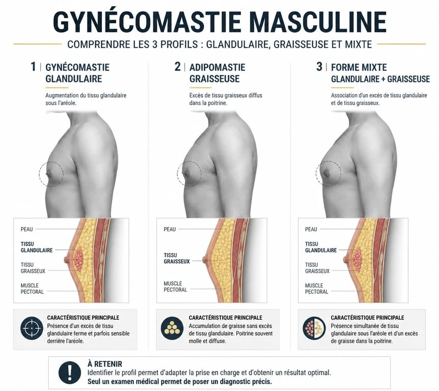 Schéma explicatif des différents types de gynécomastie avant après chirurgie