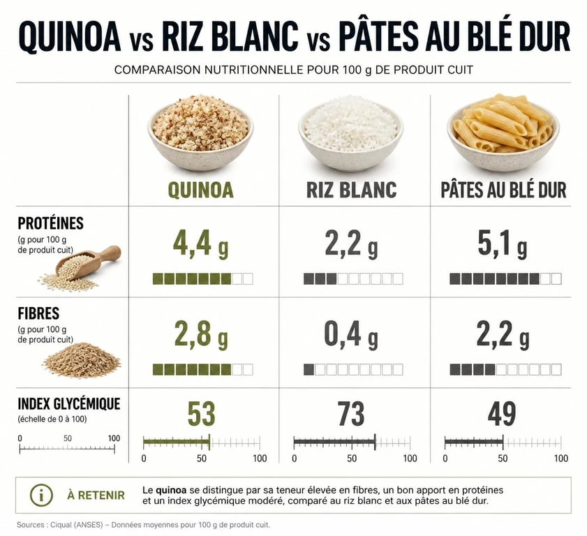 Infographie comparative nutritionnelle : quinoa vs riz vs pâtes pour comprendre si le quinoa est un féculent