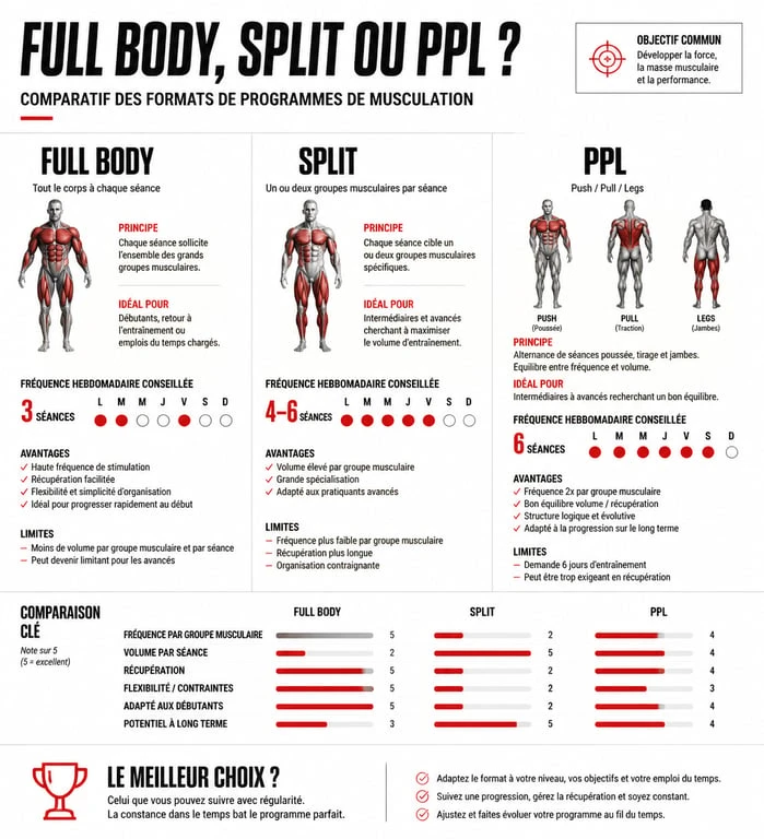 Infographie comparative des formats de programmes de musculation : Full Body, Split et PPL pour votre programme musculation
