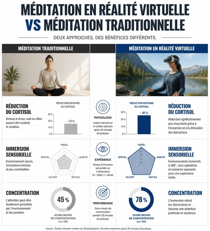 Infographie comparative des bénéfices de la méditation en réalité virtuelle