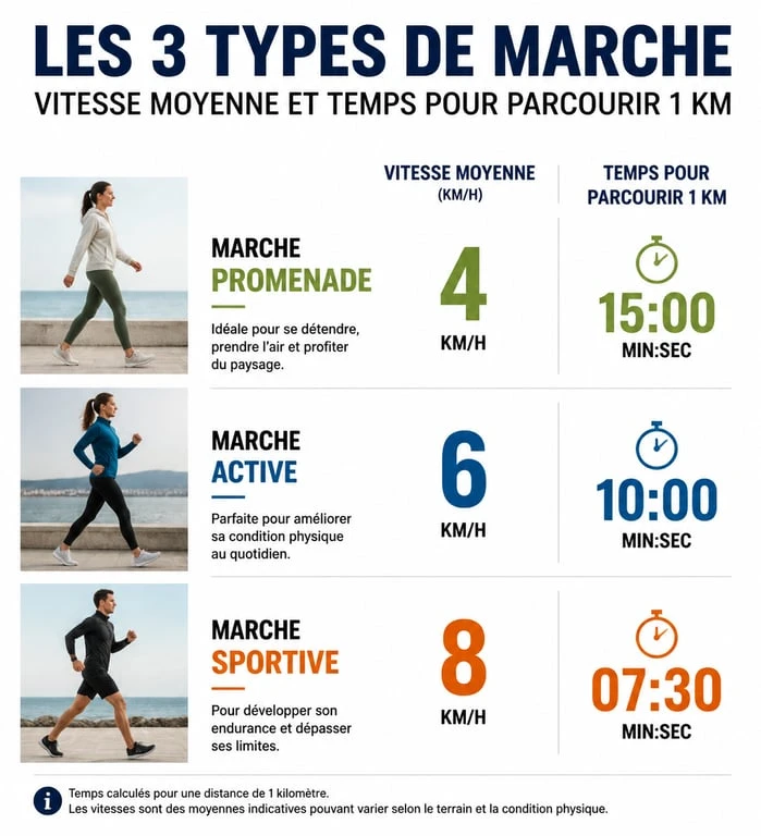Infographie des temps de marche pour 1 km selon l'allure et le profil du marcheur