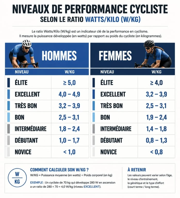 Tableau de référence FTP cyclisme par ratio Watts par kilo pour hommes et femmes