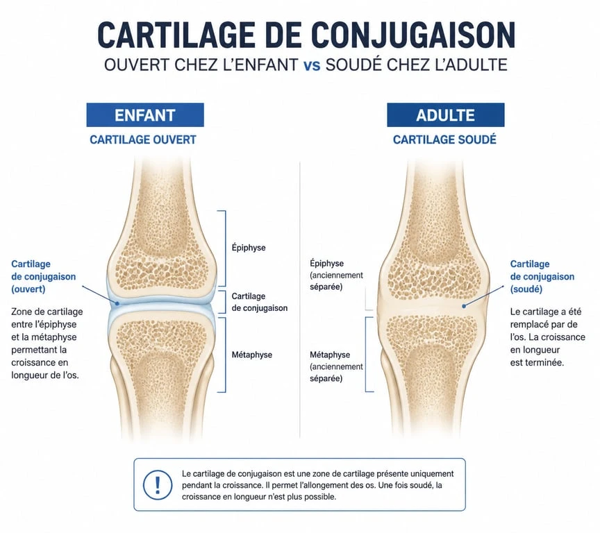 Schéma anatomique expliquant la fermeture des cartilages de conjugaison et l'impossibilité de grandir avec l'hormone de croissance à 22 ans