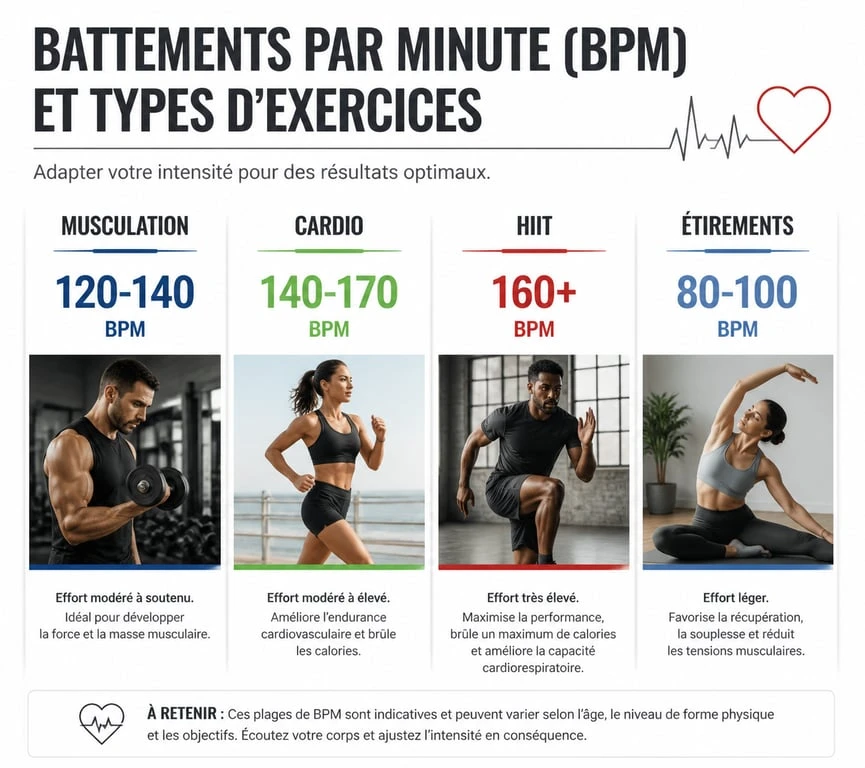 Infographie des BPM recommandés pour la musique pour gym selon l'activité physique