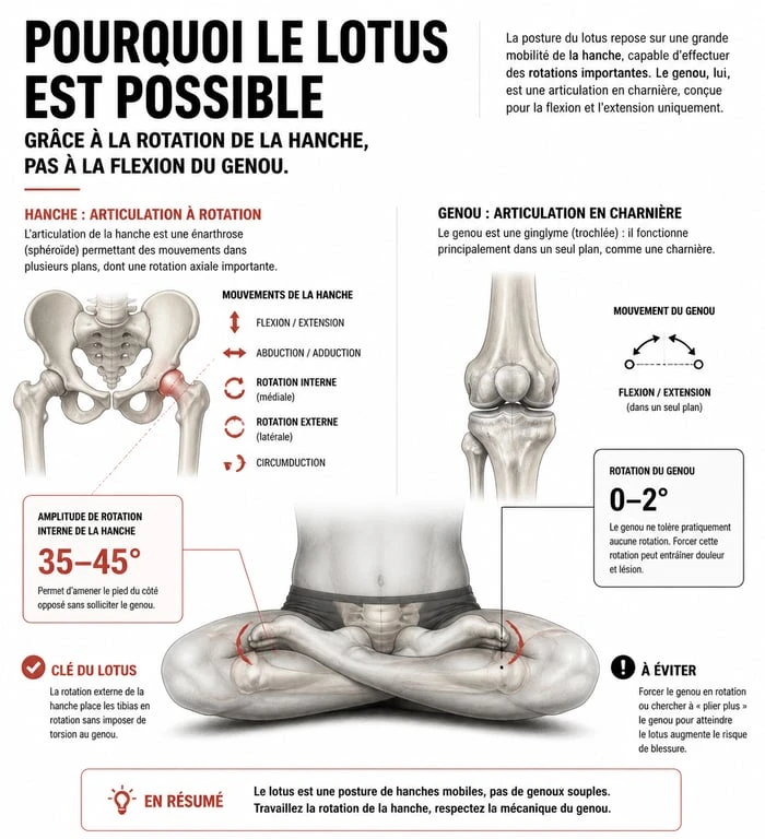 Infographie anatomique expliquant la rotation de la hanche et le mouvement du genou dans la posture du lotus