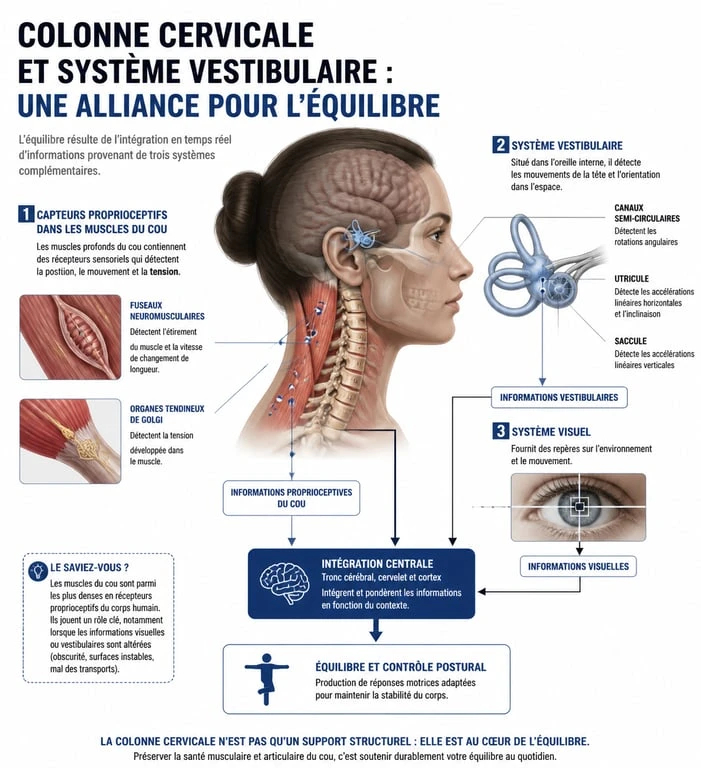 Schéma explicatif du mécanisme des vertiges cervicogènes et du rôle de la proprioception cervicale dans l'équilibre