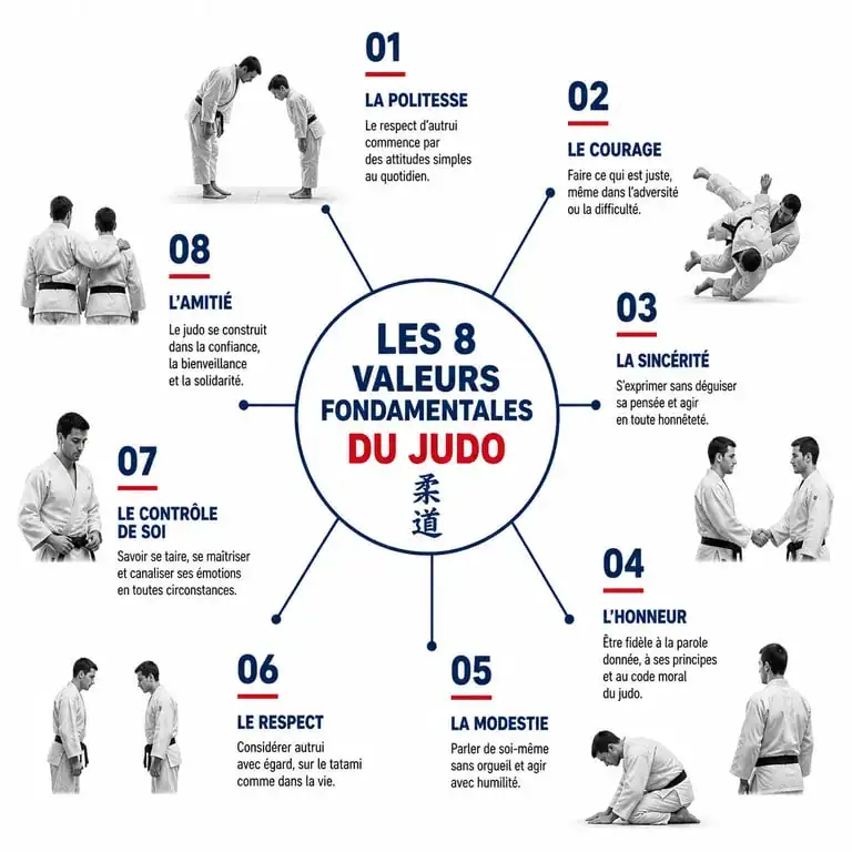 Infographie des 8 valeurs fondamentales du judo et leur signification