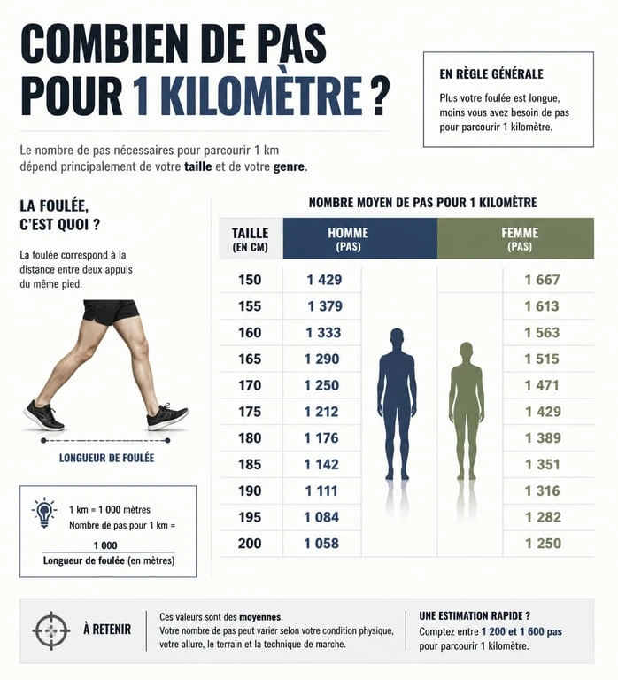 Infographie illustrant le nombre de pas dans 1 km selon la taille et le genre