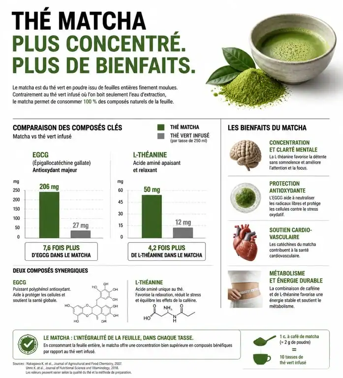 Infographie des bienfaits du matcha sur la santé et comparaison nutritionnelle avec le thé vert
