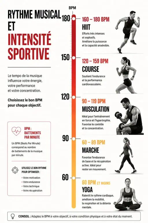 Infographie des plages de BPM recommandées par activité sportive pour optimiser la motivation et la performance.