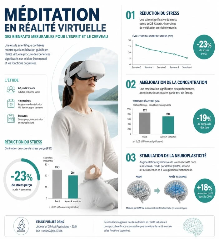 Infographie sur les bienfaits de la méditation VR et réduction du stress