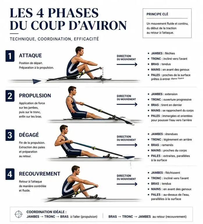 Infographie des quatre phases du coup d'aviron sport