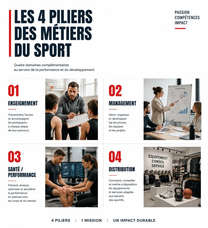 Infographie des quatre piliers des métiers dans le sport : enseignement, management, santé et distribution