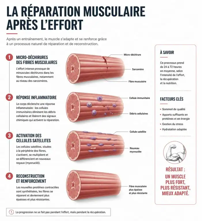 Schéma explicatif du processus de réparation musculaire et des courbatures après musculation