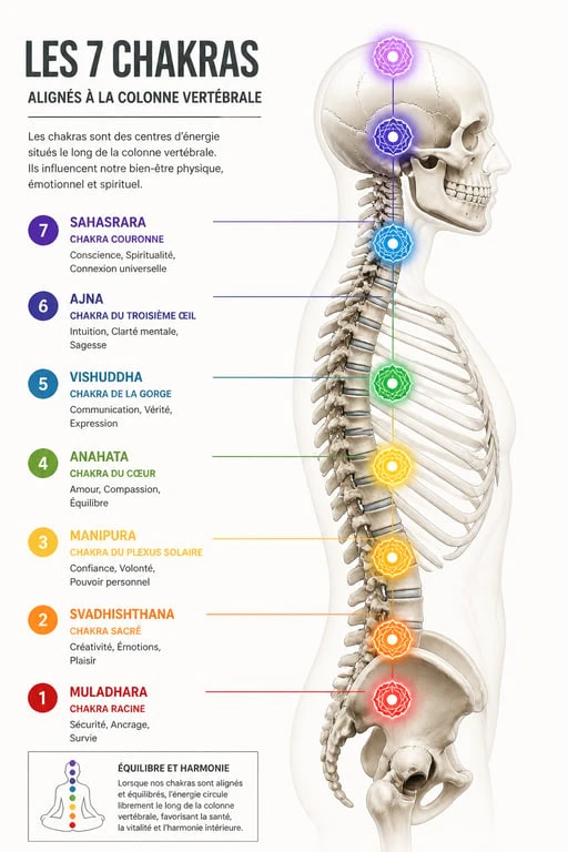Infographie des 7 chakras et leur couleur pour l'harmonisation énergétique