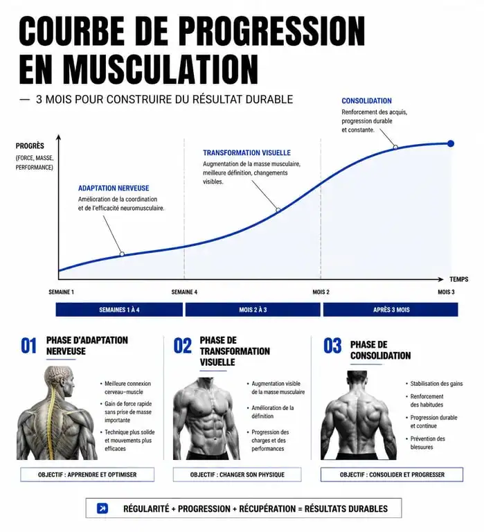 Infographie de la progression en musculation 5 fois par semaine sur 3 mois