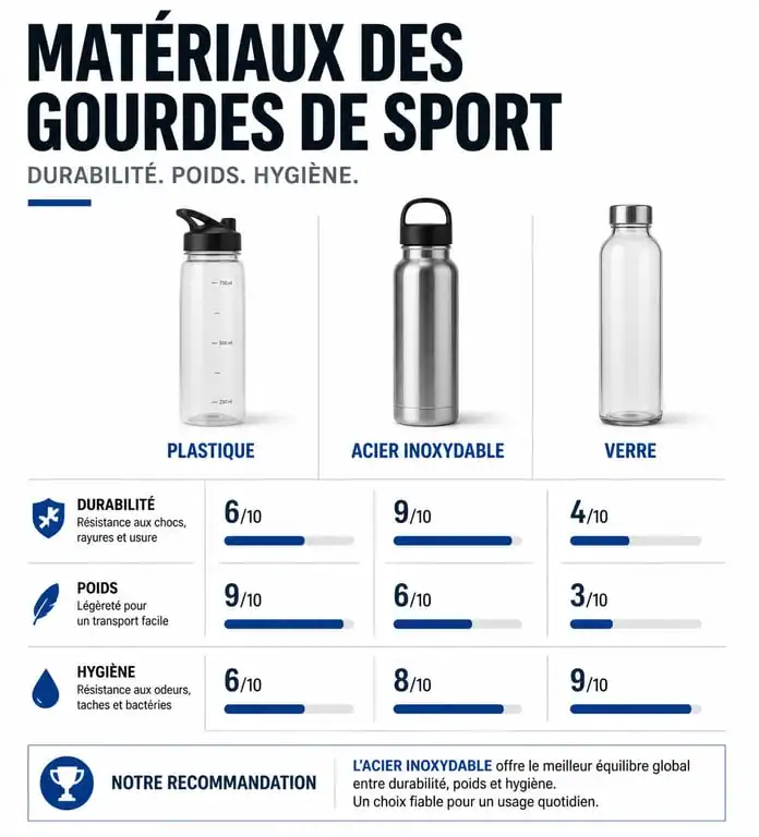 Comparatif des matériaux de gourdes pour le sport : plastique, acier inoxydable et verre.