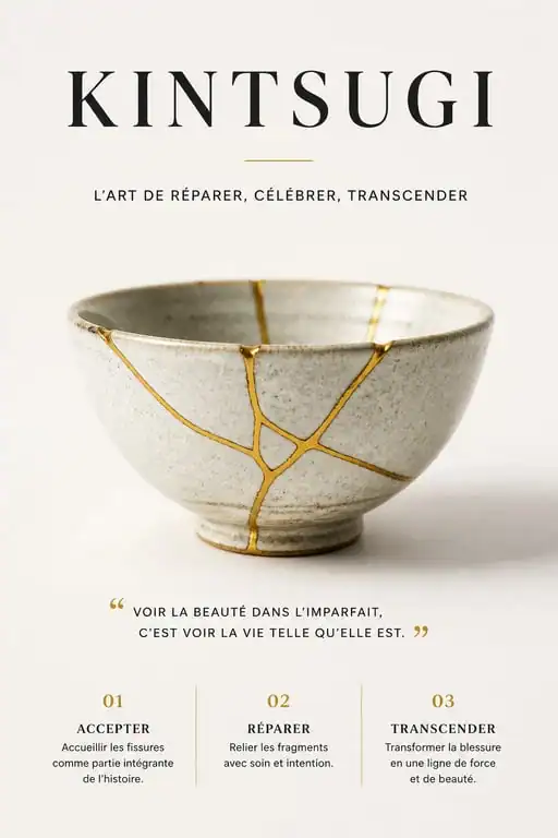 Philosophie du kintsugi : céramique réparée à l'or illustrant la résilience et l'acceptation de soi