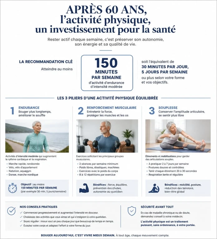 Infographie des recommandations d'activité physique après 60 ans : endurance, force et souplesse