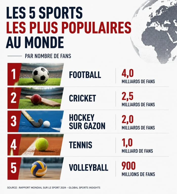 Infographie des 5 sports les plus populaires au monde par nombre de fans