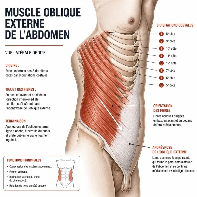 Schéma anatomique du muscle oblique externe de l'abdomen montrant ses insertions et ses fibres
