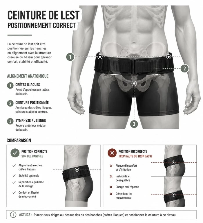 Schéma illustrant le positionnement correct d'une ceinture de lest pour la musculation