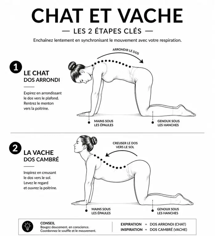 Schéma illustrant la posture du chat et de la vache en yoga pour la mobilité du dos