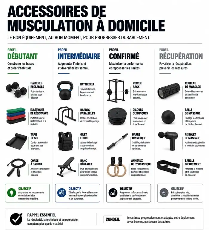 Infographie comparative des accessoires de musculation maison par profil