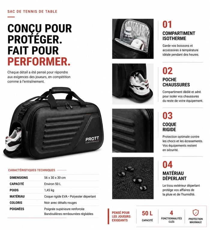 Infographie comparative des caractéristiques techniques d'un sac de tennis de table pour choisir le modèle adapté.