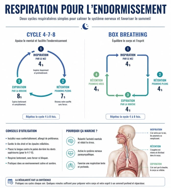 Infographie des techniques de respiration 4-7-8 et Box Breathing pour s'endormir rapidement