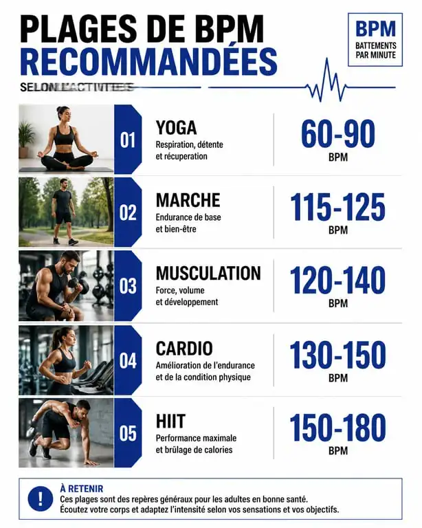 Infographie des plages de BPM recommandées pour la musique fitness par type d'activité sportive