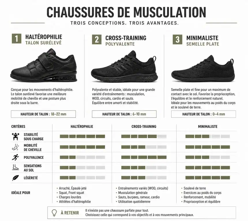 Infographie comparative des types de chaussures de musculation pour choisir le modèle adapté à sa pratique