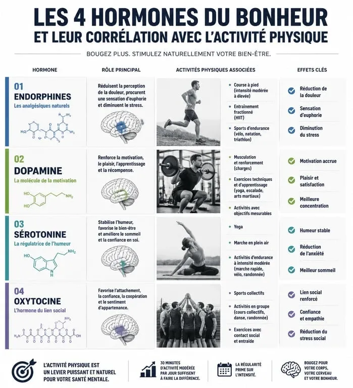 Infographie sur les hormones du bonheur et le sport