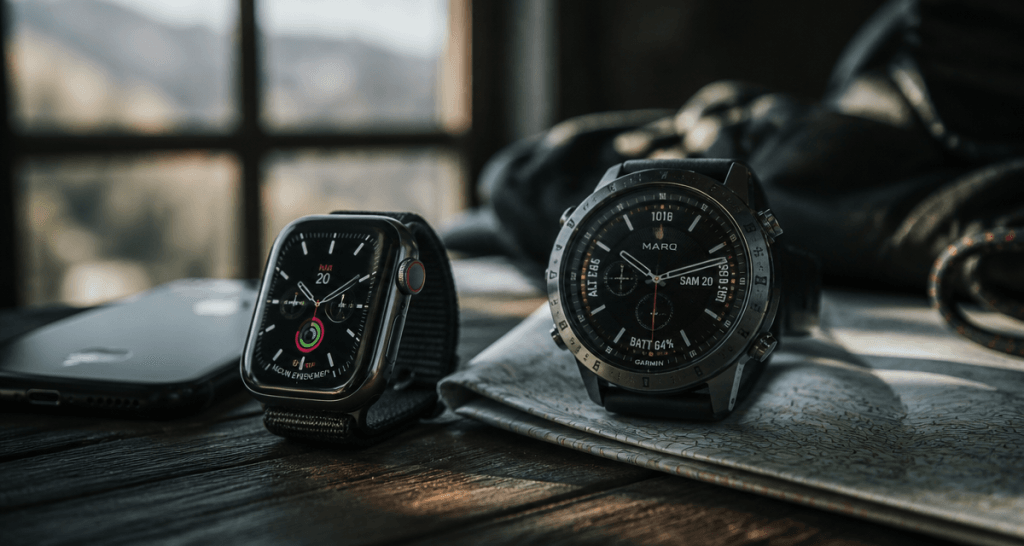 garmin smartwatch vs apple watch posées sur table