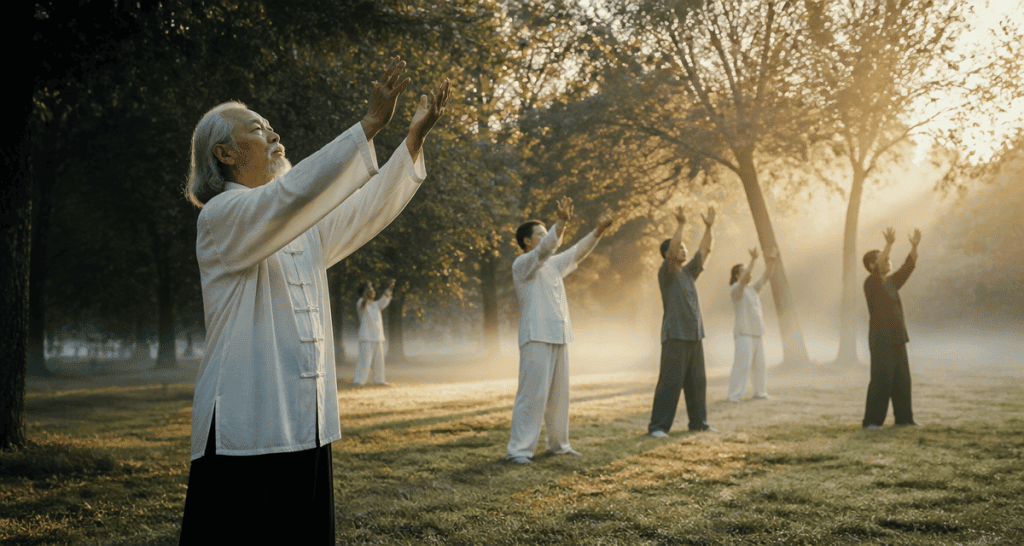 Les 8 postures du Qi Gong pratiquées en groupe au parc