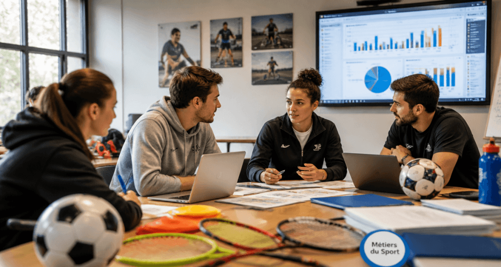 jeunes adultes discutant d'un métier dans le sport autour d'une table
